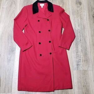 Vintage Talbots  Size‎ 10 Red With Black Trim Wool Mid Length Coat Shoulder Pad